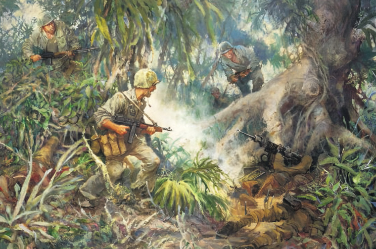 Marines advance warily toward a Japanese machine-gun position they have just silenced at Cape Gloucester.