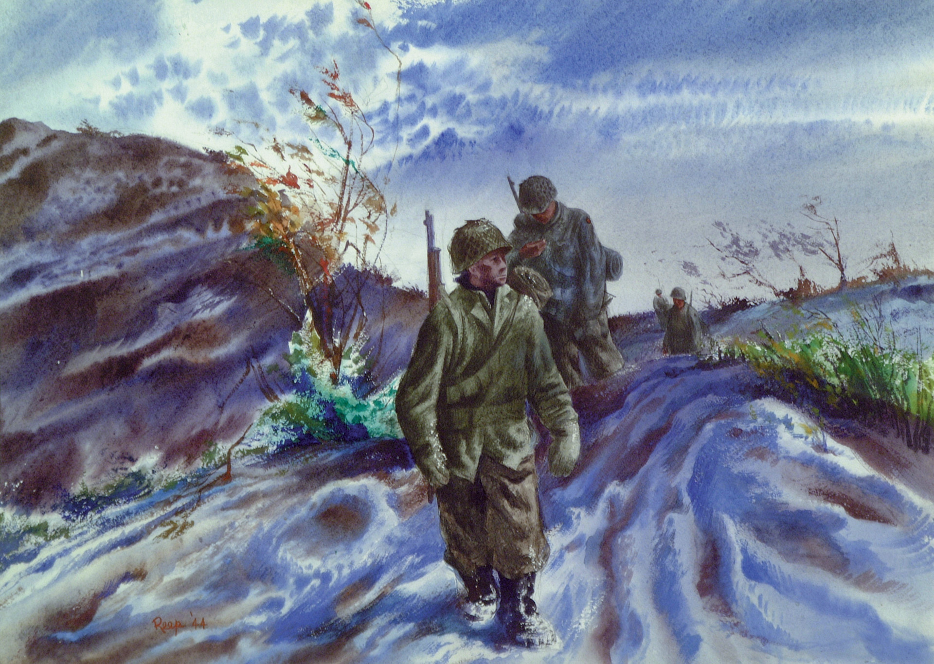 Wearing winter gear, American soldiers press forward along a snowy Italian roadway. 