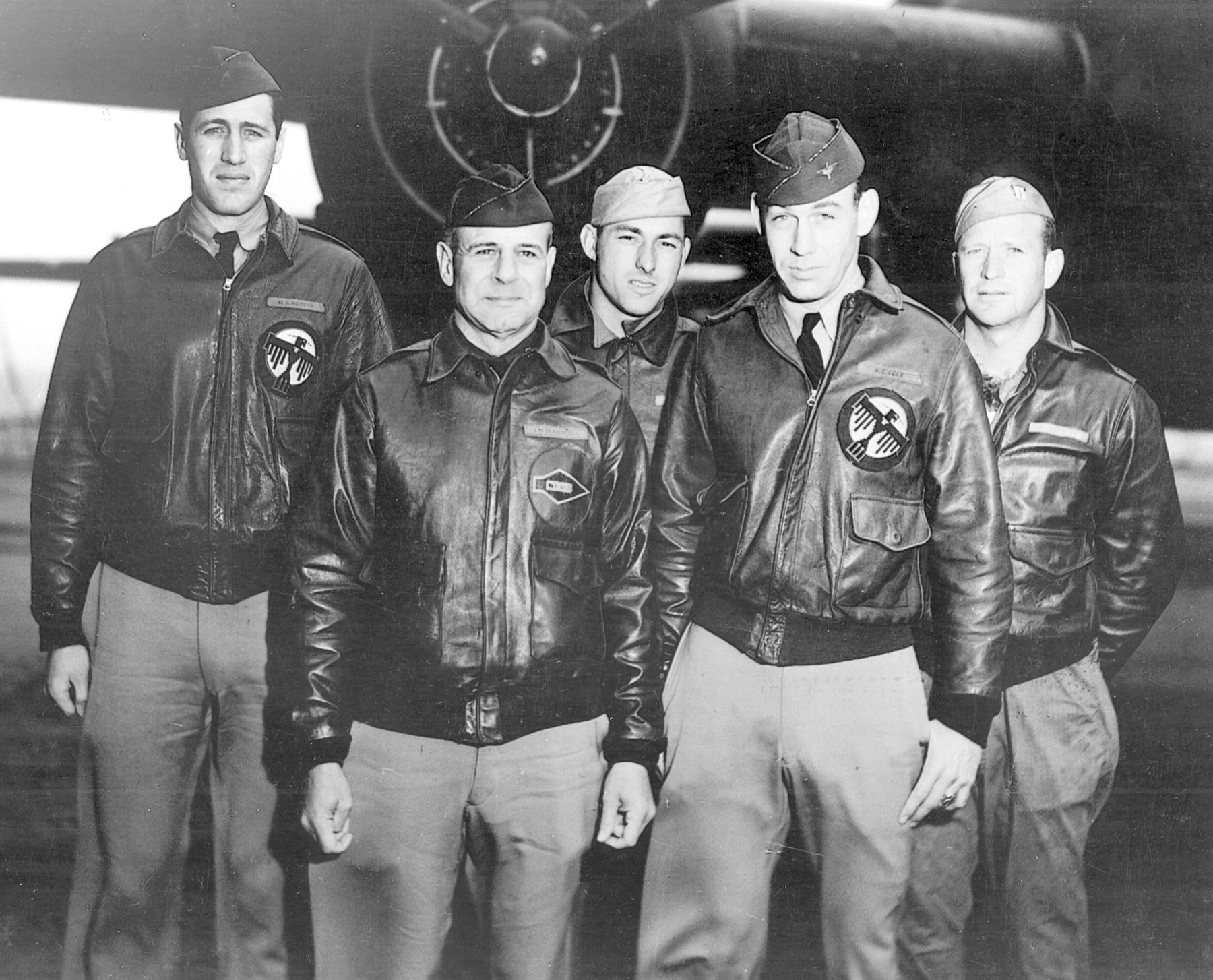 Doolittle and his crew pose prior to takeoff on the famed raid: (left to right) navigator Lt. Henry A. Potter, pilot Doolittle, bombardier Sgt. Fred A. Braemer, copilot Lt. Richard E. Cole, and gunner Sgt. Paul J. Leonard. 