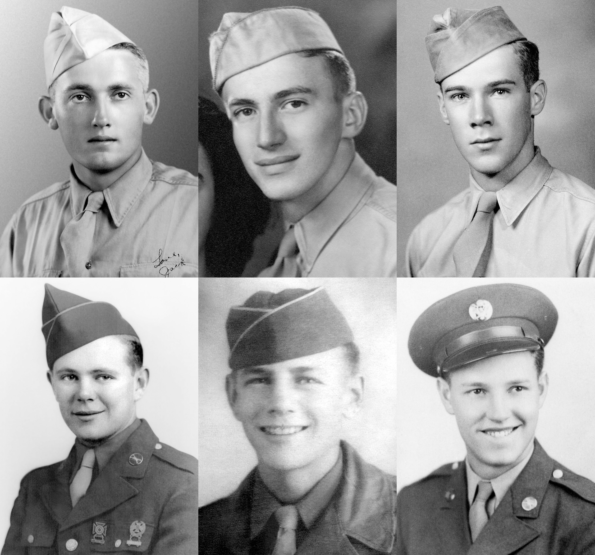 TOP ROW (left to right): Pfc. Jack C. Beckwith, Company C, 395th Infantry; Pfc. Saul Kokotovich, Company C, 395th Infantry; Pfc. David A. Read, Cannon Company, 395th Infantry. 
BOTTOM ROW (left to right): Pfc. Ewing E. Fidler, Company E, 394th Infatry; Pfc. Stanley E. Larson, Company H, 394th Infantry; Sgt. Frederick F. Zimmerman, Company H, 394th Infantry.