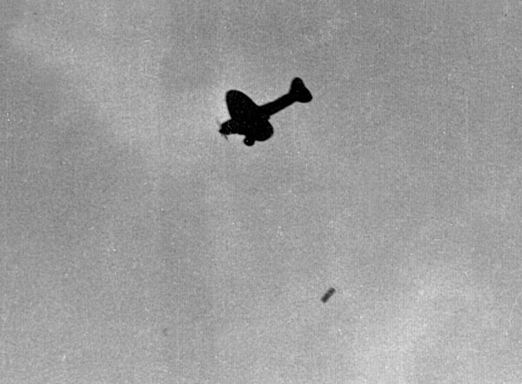 A Japanese Val releases one of its bombs in the attack to put the U.S. fleet out of action as a force in the Pacific Ocean. 