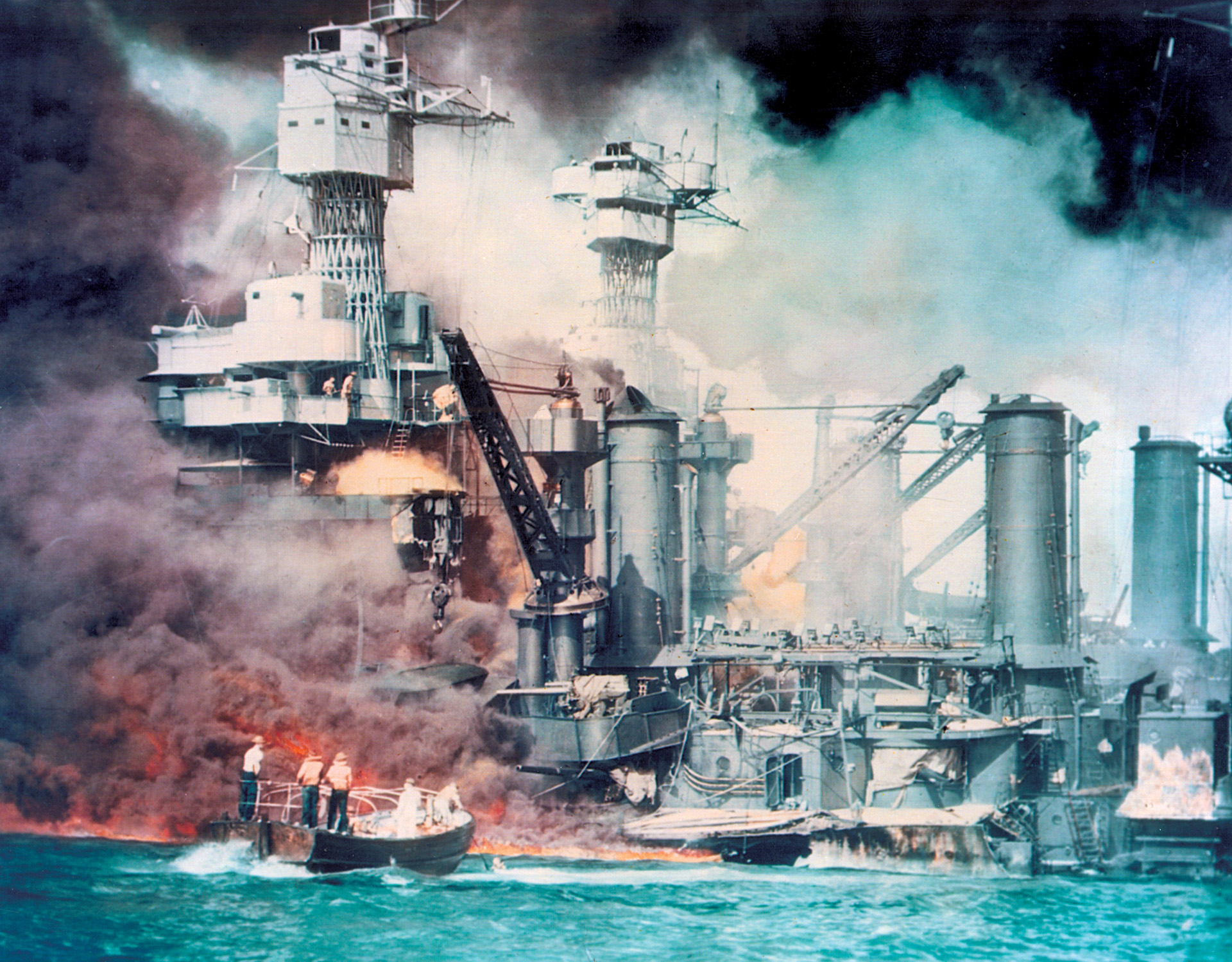 The U.S. fleet was devastated by the Japanese bomber and torpedo planes, many of the best American ships settling to the harbor bottom. 