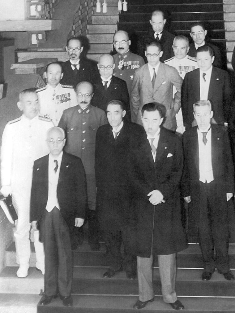 Japanese leadership in the late 1930s. Emperor Hirohito is at right front, Hideki Tojo second row middle. 