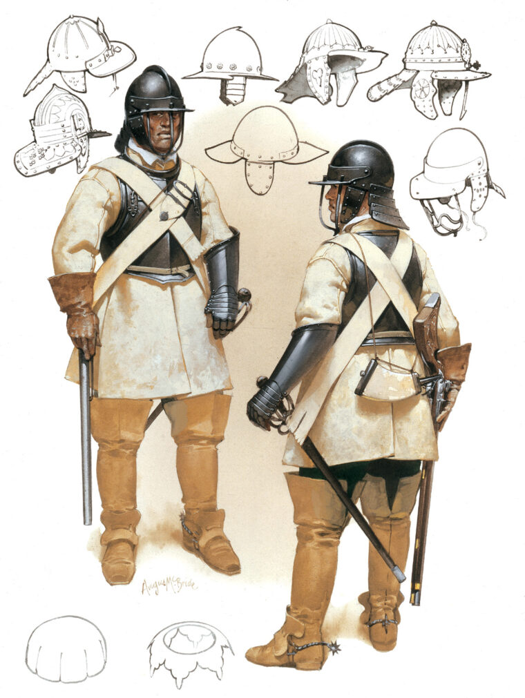 English Civil War Harquebusiers, or horsemen with firearms, based on well-preserved examples of equipment found at Littlecote House in Berkshire, UK.