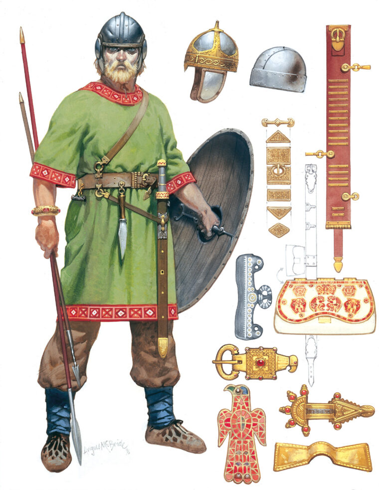 One of the Visigoth followers of Alaric, who sacked Rome in ad 410. Most of his equipment is Roman, and he wears the favored brightly dyed clothes of the Germanic warriors.