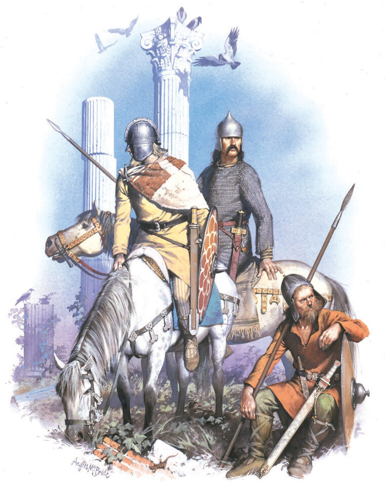 An unpublished McBride gouache in the Osprey style showing three Germanic mercenaries of the 5th century ad.