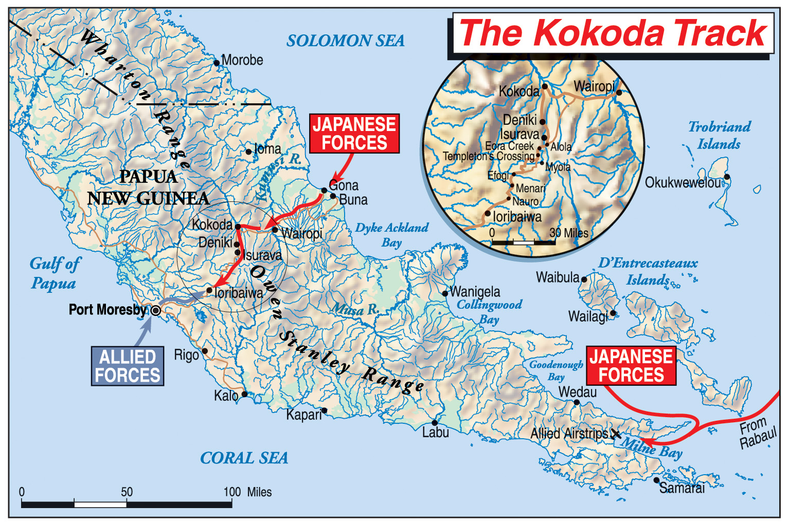 The Kokoda Track traversed the steep Owen Stanley Range. Milne Bay lay to the south and east.