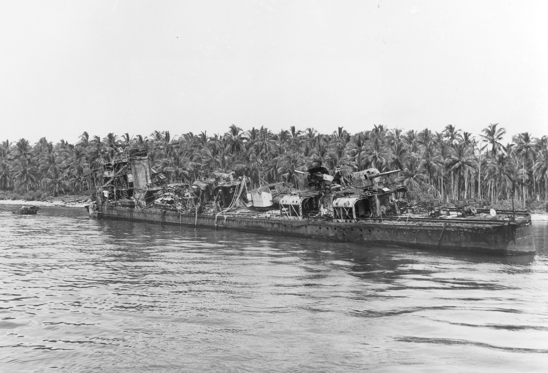 The Japanese destroyer Nagatsuki, beached off Kolombangara in the Kula Gulf action, was photographed there 10 months later. 