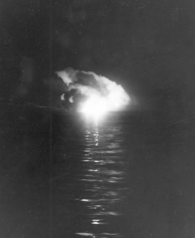 A Japanese warship burning, photographed from the USS Nicholas.