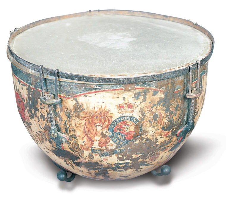 A British drum captured at Saratoga in 1777. OPPOSITE: A pair of pistols belonging to George Washington. 