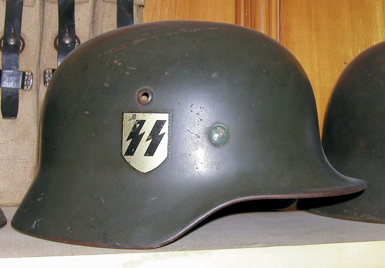 A Waffen SS M-35 helmet. 