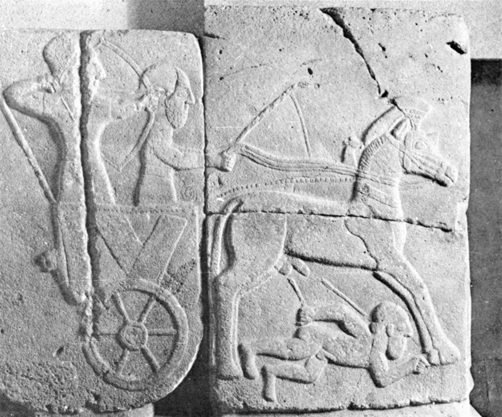 A wall carving of a Hittite chariot trampling an enemy warrior, felled by arrows in his head and buttocks. The horses are stiffly rendered; whether this was the carver’s intent or evidence of his lack of skill, it is an accurate depiction of the stately pace of chariotry in battle.