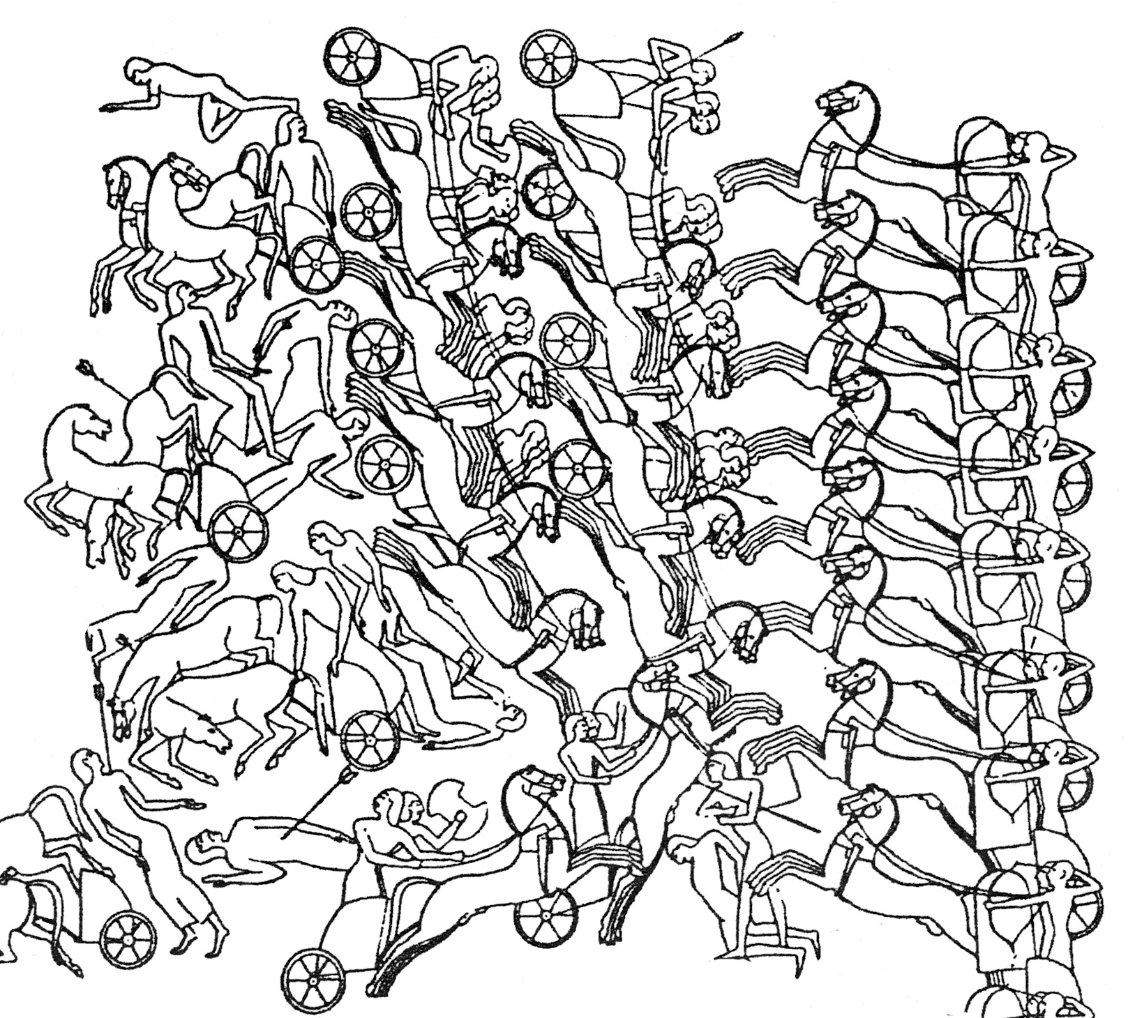 Egyptian chariotry (right) battles with Hittite three-man chariots during the Battle of Kadesh. The Hittite crewman at the top of the picture is armed with a lance, held upright and resting on his shoulder. He would have to dismount to wield the weapon effectively.