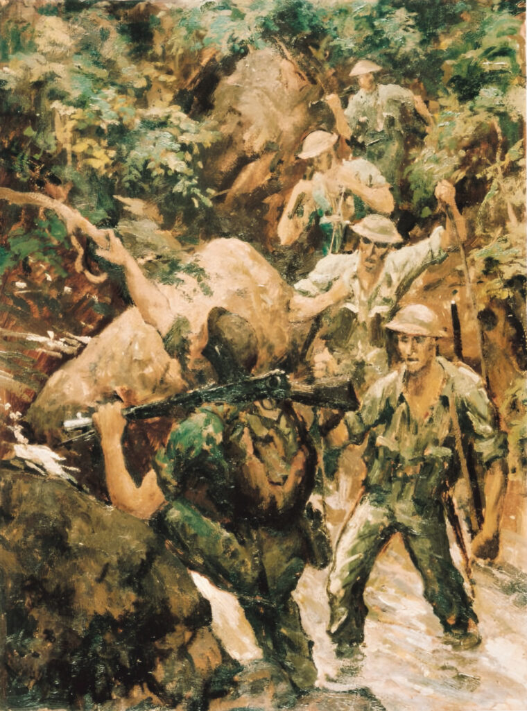 Australians struggle through the rainforest of the Papuan peninsula. The Kokoda Track offered some of the most difficult terrain and grim fighting of the war.