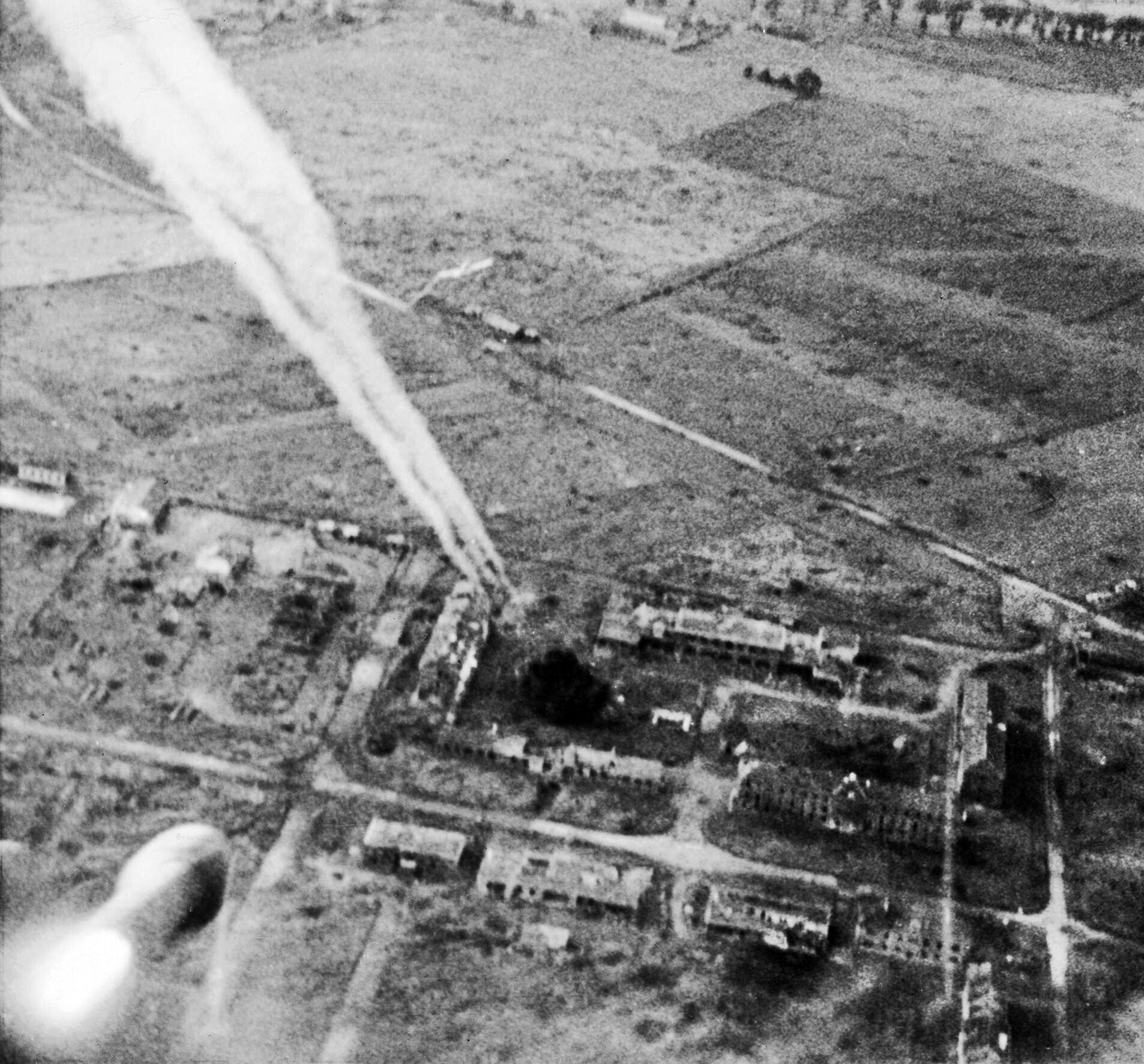 A Hawker Typhoon fighter bomber fires a missile against a target at Carpiquet airfield west of Caen. The airfield was tenaciously defended, but after several attempts, troops of the Canadian 3rd Division captured the important location on July 4, 1944.