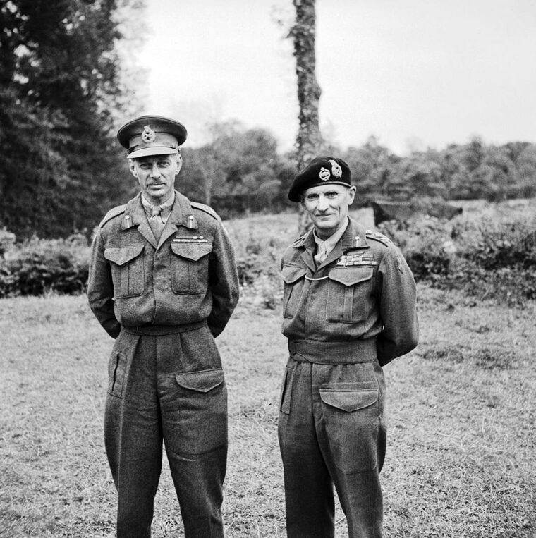 General Miles Dempsey, commander of the British 2nd Army, and Field Marshal Bernard Montgomery, commander of the Allied ground troops in Normandy two days before the opening of Operation Goodwood.