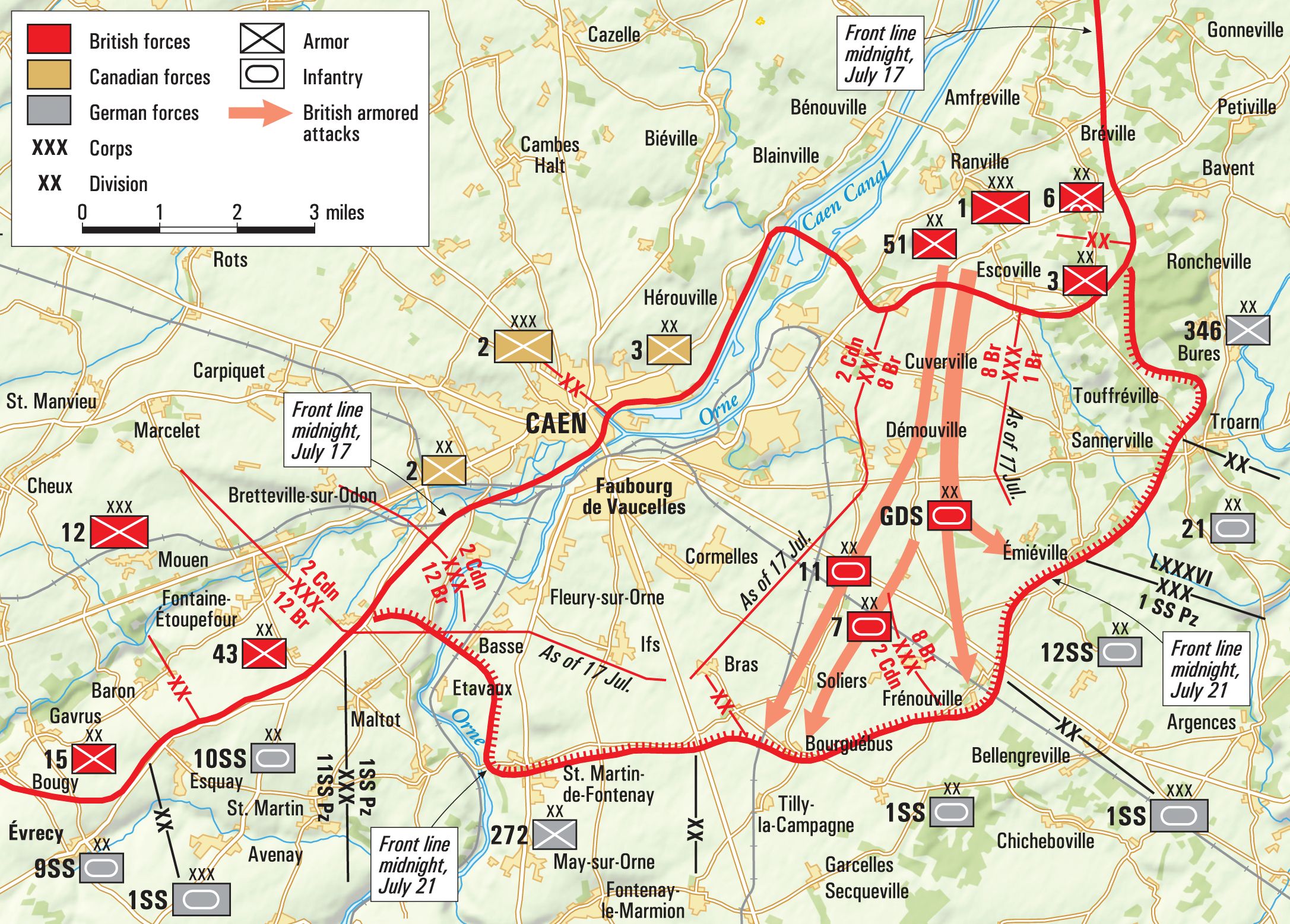 Map shows the fighting that raged around Bourguebus Ridge, high ground in the vicinity of Caen, during the Normandy campaign, particularly from July 18-21, 1944, as the Germans stubbornly clung to the tactically vital area.
