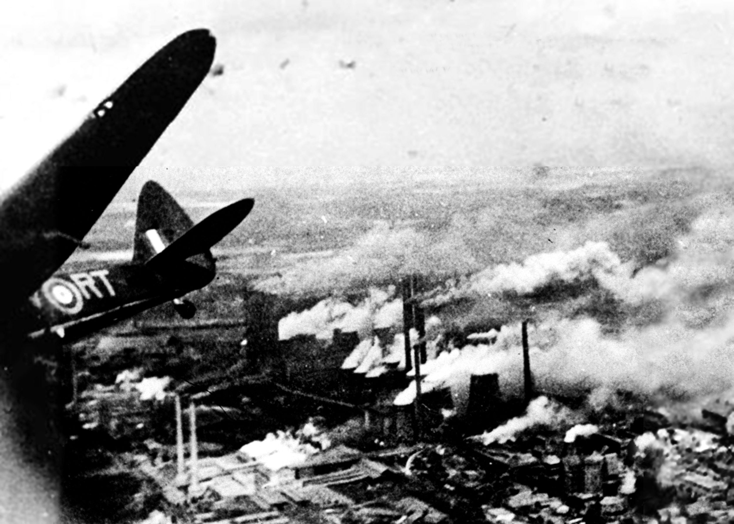 An RAF Bristol Blenheim IV bomber banks sharply away from the city's Goldenburg power station during a daylight raid on August 12, 1941. A total of 262 Allied air raids struck the city of Cologne, Germany, during World War II.