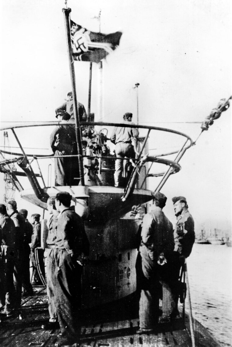 This photograph of the crew aboard the U-85 was recovered after the sinking of the submarine by the destroyer USS Roper off Cape Hatteras, North Carolina, on April 14, 1942.