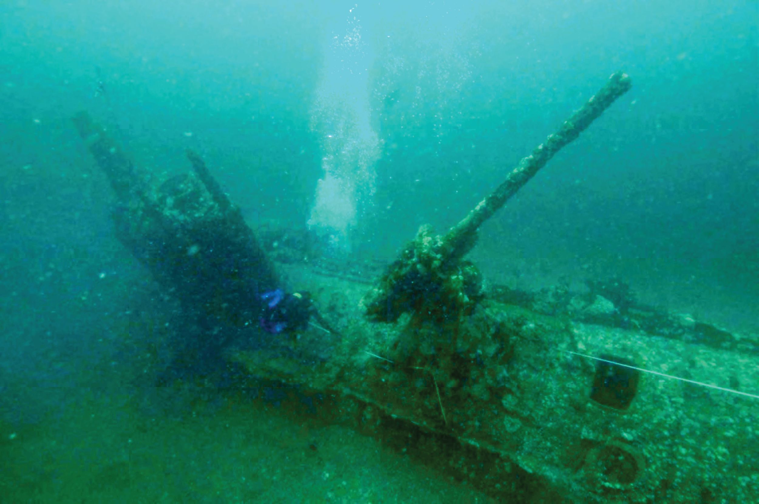 This photo mosaic shows the wreck of the German submarine U-85 off the coast of North Carolina, where it rests in 90 feet of water east of Oregon Inlet near Cape Hatteras. A Type VIIB submarine, U-85 was the first German submarine to be sunk by the U.S. Navy off the East Coast of the United States during World War II.