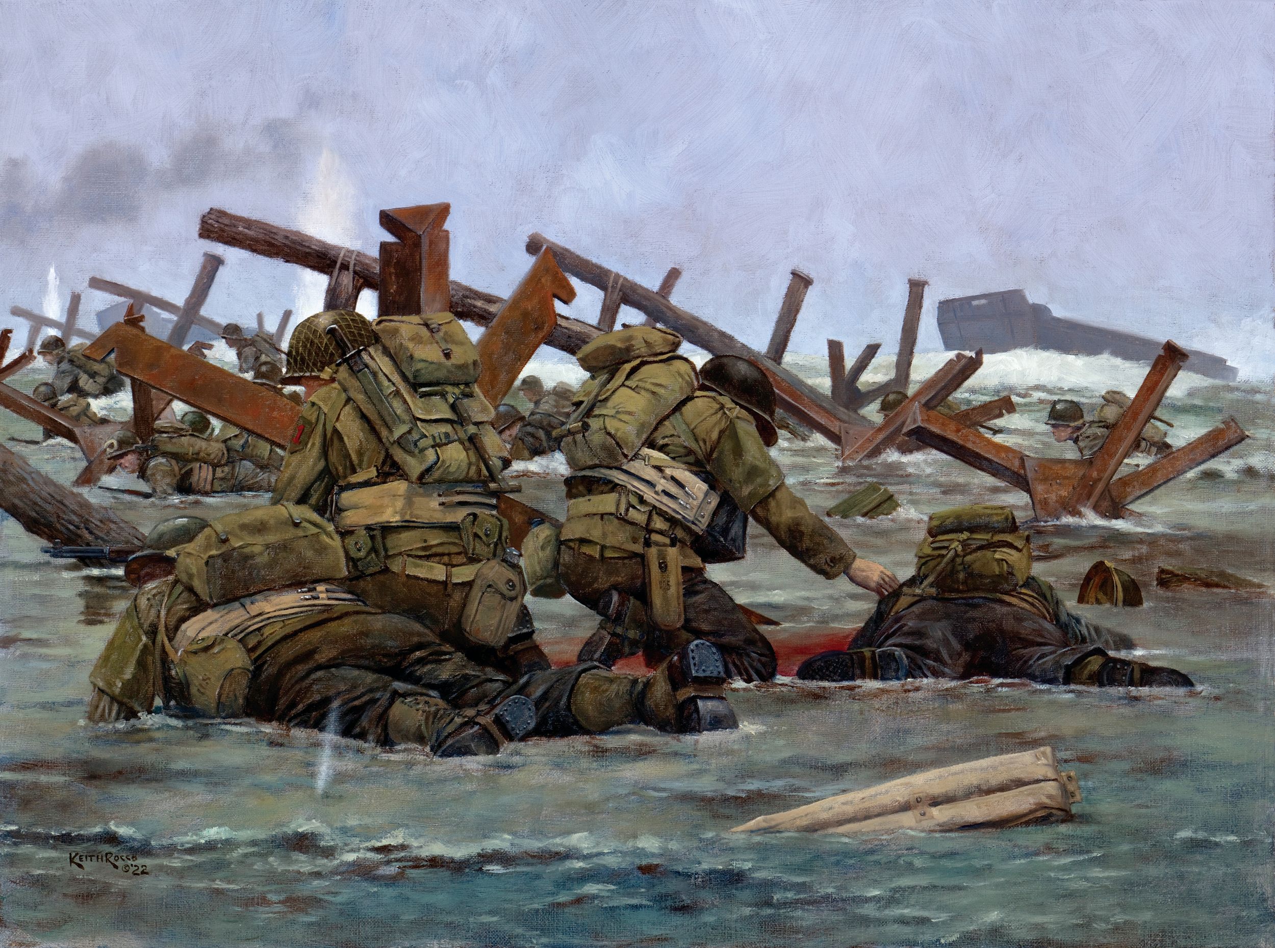 Pinned down by enemy fire, this Keith Rocco painting was inspired by the famous series of Robert Capa photos taken on Easy Red Beach in the early hours of D-Day.