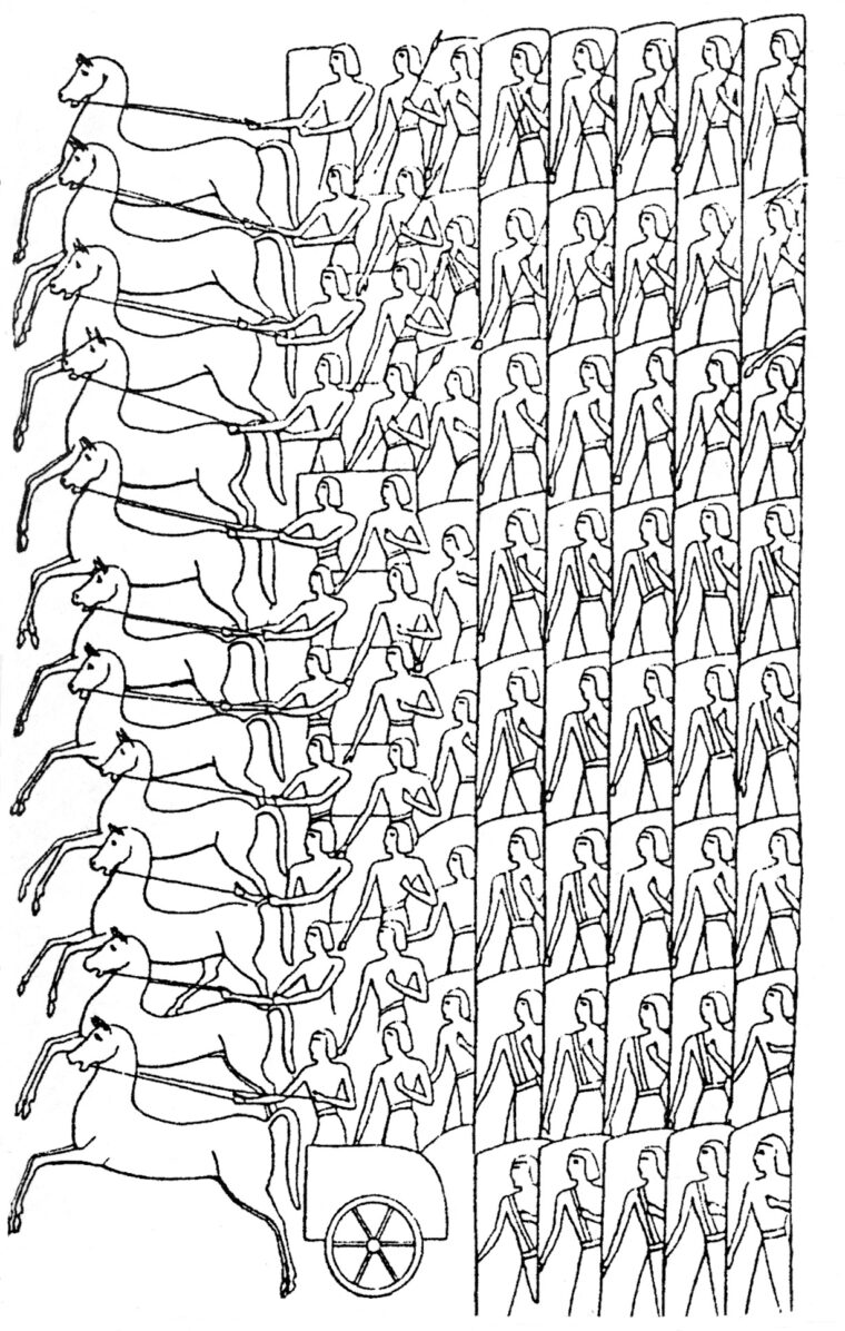 This image, adapted from the Luxor, Egypt, wall reliefs of the Battle of Kadesh, shows the ideal disposition of a Bronze Age army at the start of battle: a squadron of chariotry, arrayed line abreast, advancing in front of an infantry phalanx. 
