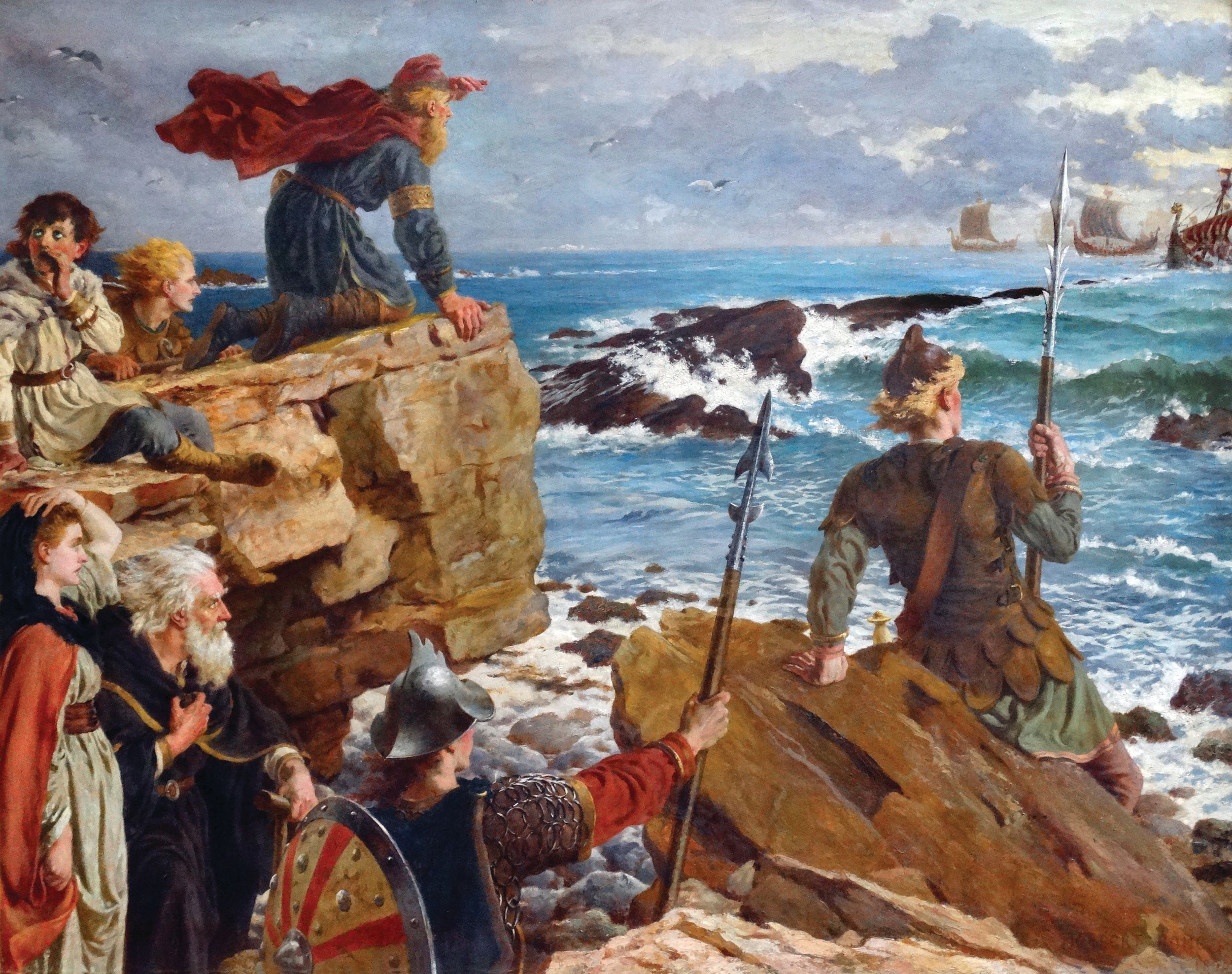 Alfred the Great’s Anglo-Saxons watch Viking ships approach the shores of England in the painting “How the Danes Came up the Channel a Thousand Years Ago: Off Peveril Ridge, Swanage, AD 877,” by Herbert Arthur Bone (1853–1931).