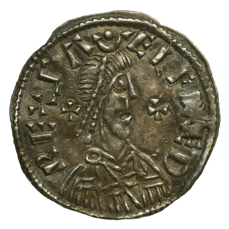 Minted during the reign of Alfred the Great, this silver penny struck sometime between 875-880 CE features a bust believed to depict the king, with “ELFRE D REX” around.