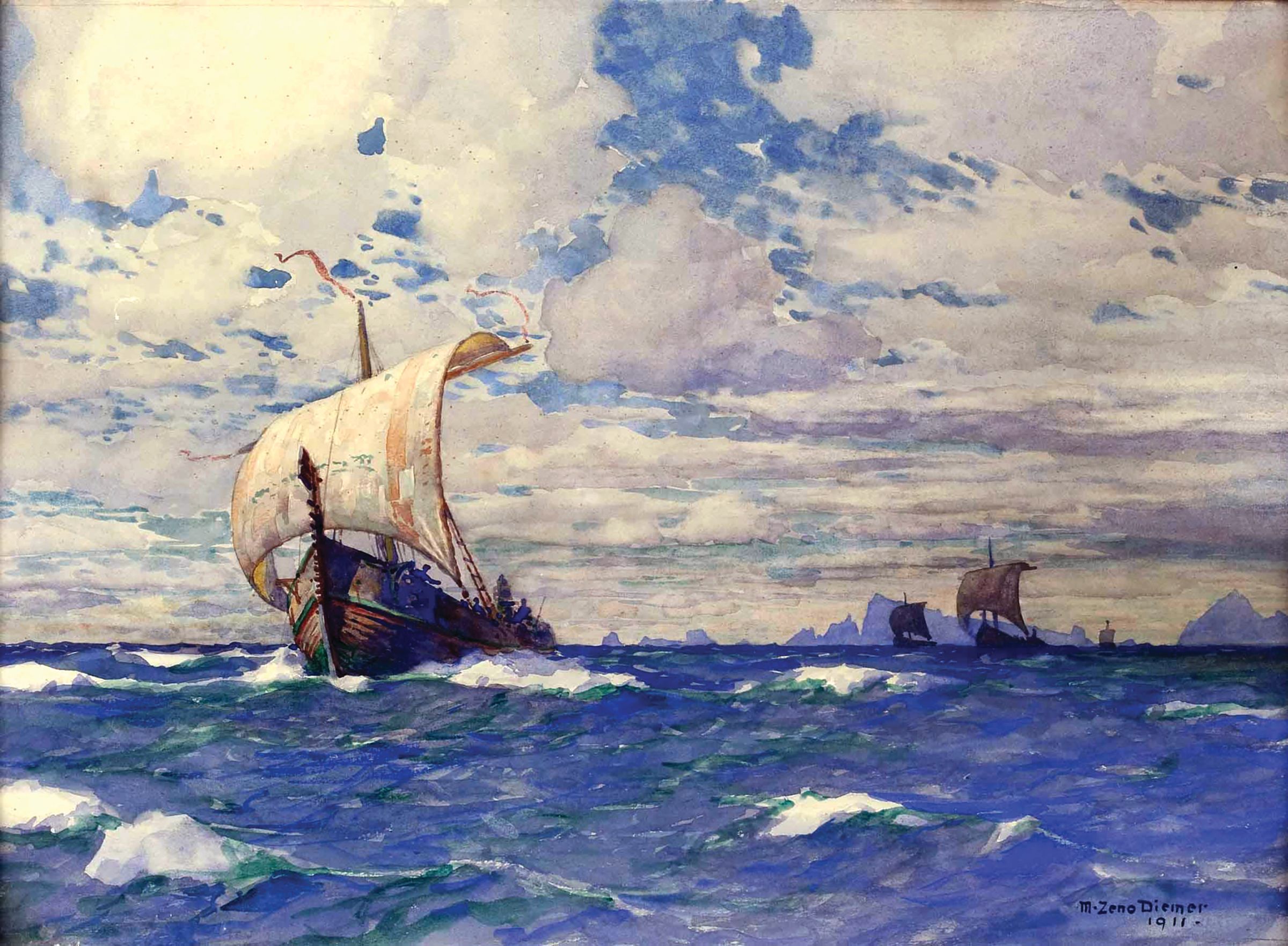 “Viking Ships Off the Rocky Coast,” by German artist M. Zeno Diemer (1867–1939). Raiders from what is now Denmark, frequently raided the English Isles in Viking longships. Powered by sail and oars, the shallow-draft vessels could be portaged overland into seas, lakes and rivers to raid far inland.
