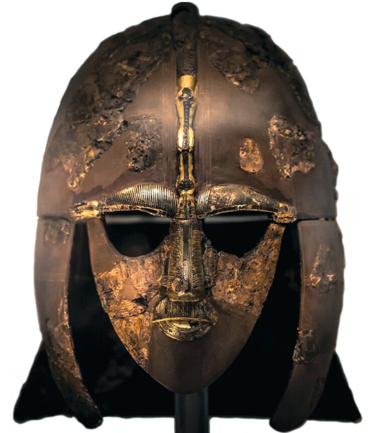 An Anglo-Saxon relic in the British Museum collection, the “Sutton Hoo Helmet” is one of only four examples surviving from the period. The iron mask, covered with copper panels bearing animal and warrior motifs, dates from about the 7th century and was likely worn by a chieftan or king.