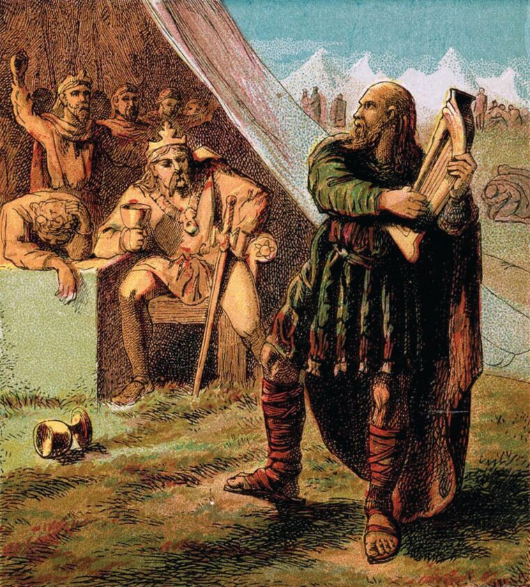 A 19th century illustration of the legend that the King of Wessex, Alfred the Great, entered the Danish encampment disguised as minstrel to gather information on the strength of his enemy.