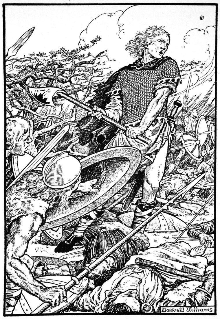 Alfred the Great leads his brother King Ethelred’s West Saxon army against the Danes at the Battle of Ashdown in 871. Illustration by Morris Meredith Williams (1881–1973) for The Northmen in Britain published in 1913. 