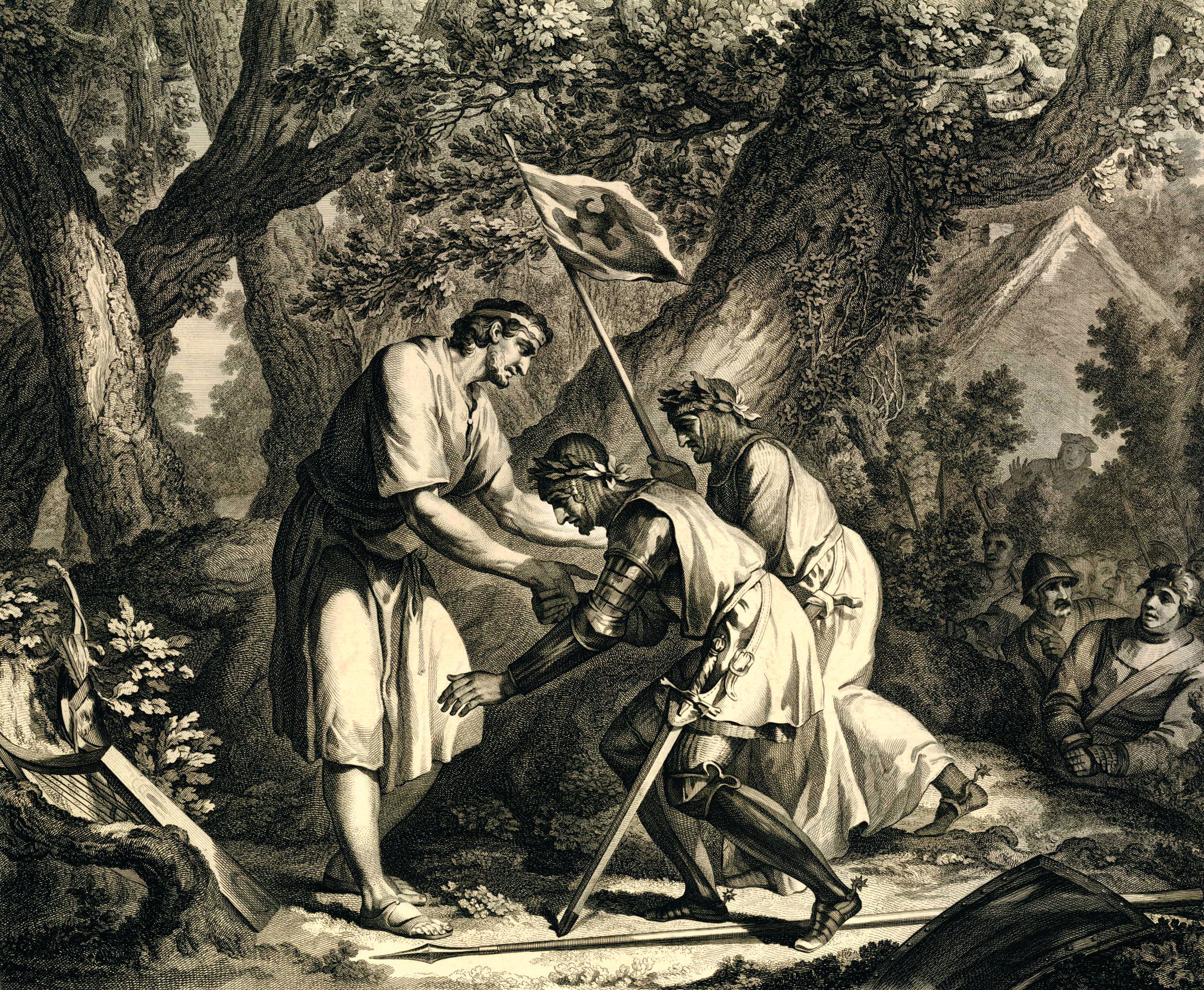 A 1778 engraving of Alfred, left, on the isle of Athelney, greeting messengers who bring word of a victory over the Danes. Alfred and a small number of men retreated to Athelney where he was able to conduct raids against the Danes.