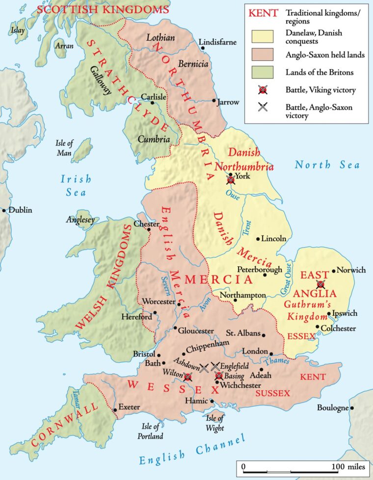 The British Isles circa the 886 Treaty of Alfred and Guthrum—a peace agreement between Alfred of Wessex and Guthrum, the Viking ruler of East Anglia. Alfred’s guerilla war against the Danes and eventual victory at the Battle of Edington in 878 united much of Anglo-Saxon England. 