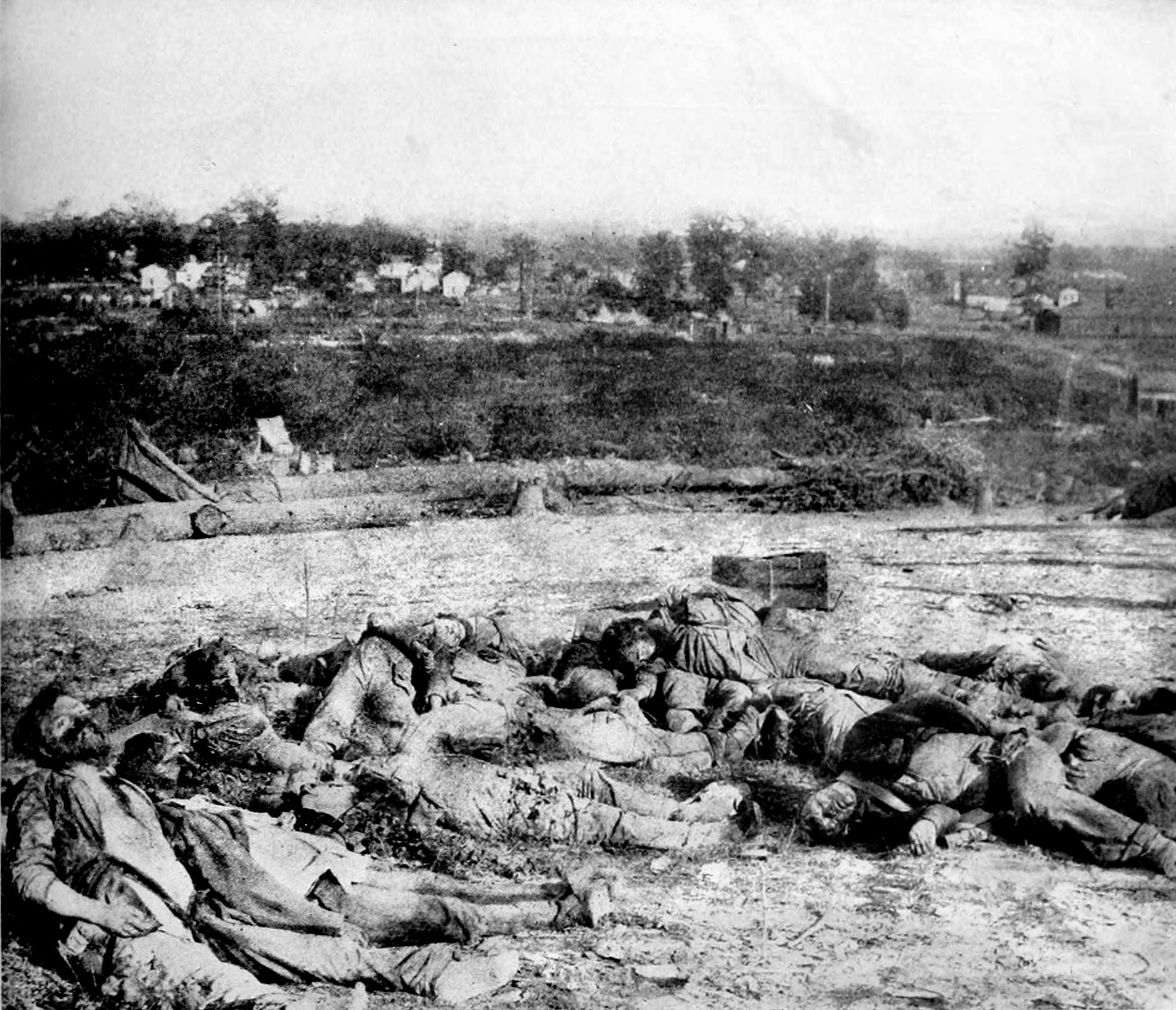 Confederate soldiers killed during the Battle of Corinth, Mississippi, October 3-4, 1862, by George Washington Armstead (1835-1912), a photographer from Columbus, Ohio, published in Miller's The Photographic History of the Civil War with a caption: “Before the Sod Hit Them.”