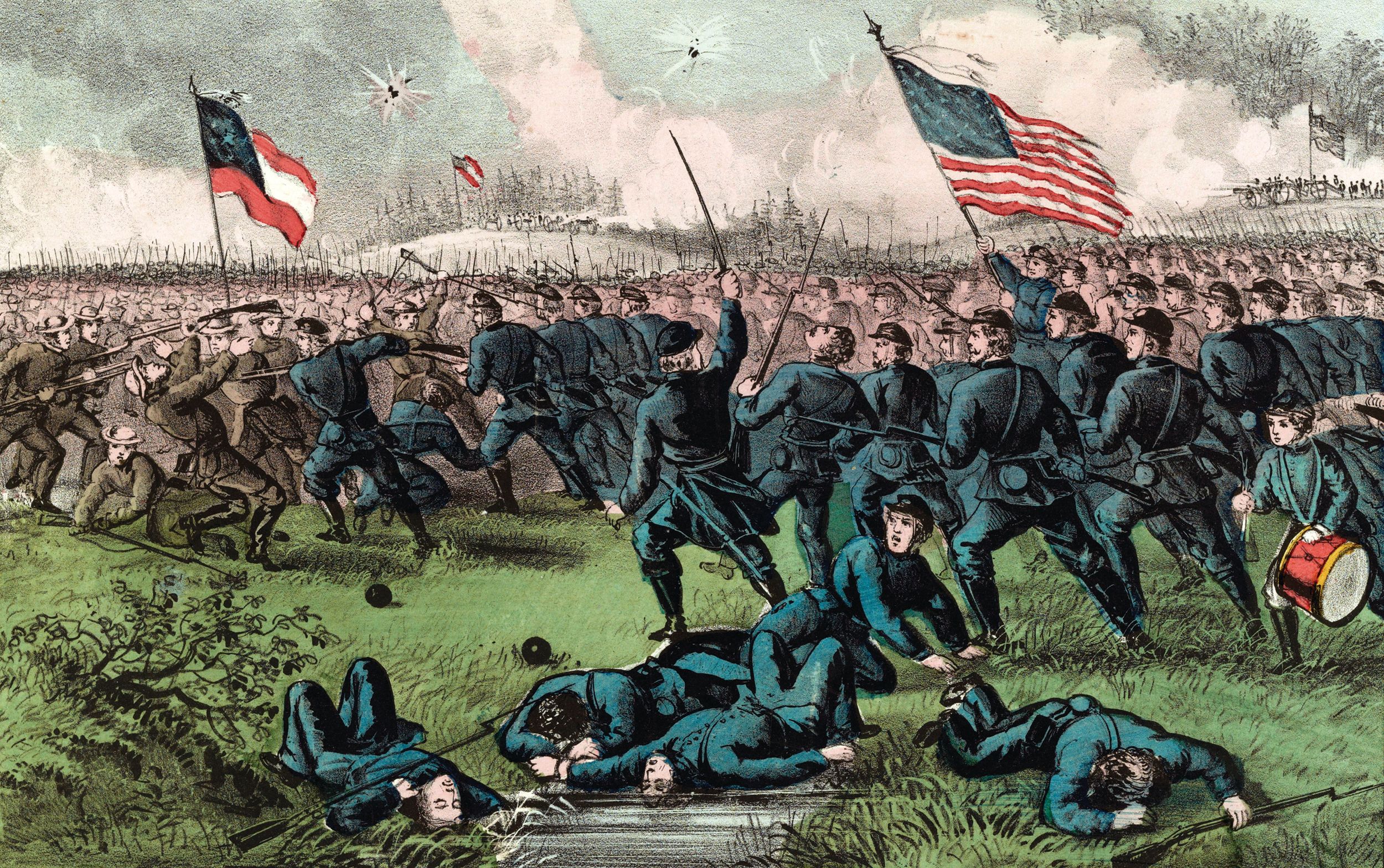 Called the Battle of Corinth (also Second Battle of Corinth by some)—to differentiate it from the Siege of Corinth earlier that year, the clash on October 3-4, 1862, in northwest Mississippi was the last chance for the Confederacy to hold onto the vital rail crossroads. This hand-colored Currier & Ives lithograph depicts Federal troops under General Grant fighting the combined Confederate forces of Generals Van Dorn, Price and Lovell. The original caption reads, in part, “the Rebels were utterly defeated and driven from the field, throwing away their arms and accoutrements and every thing that could impede their flight.”  