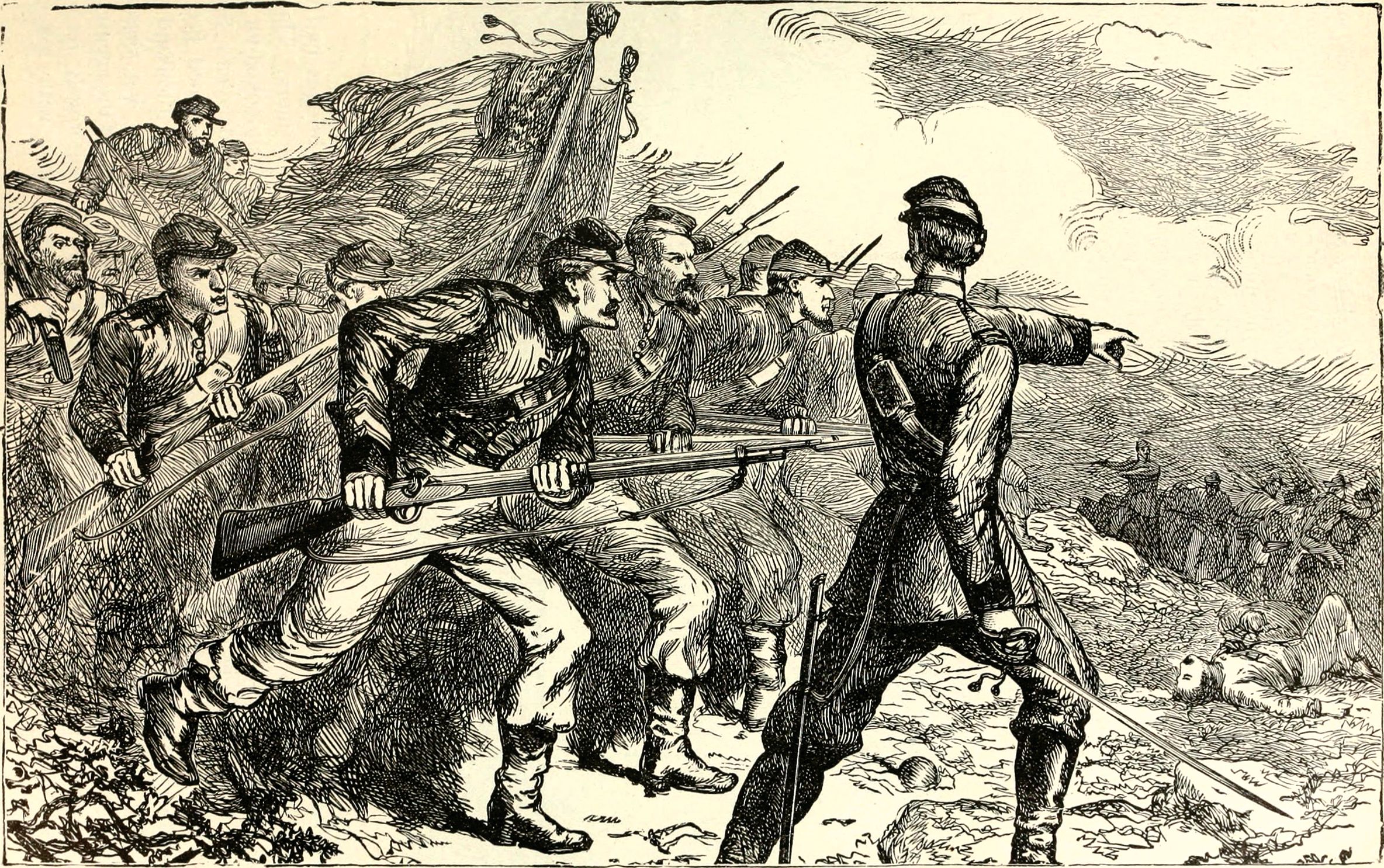 Under the command of General Van Dorn, the Confederates penetrated several forts along the perimeter of Corinth, Mississippi, including Battery Powell and Battery Robinett—even breaking through into downtown, where fighting raged around the railroad crossing and the nearby Tishomingo Hotel. Artillery and a charge by Union reserves, such as the one pictured above, recaptured the batteries and drove the Confederates out of the town. The number of dead and wounded was high for both sides. 