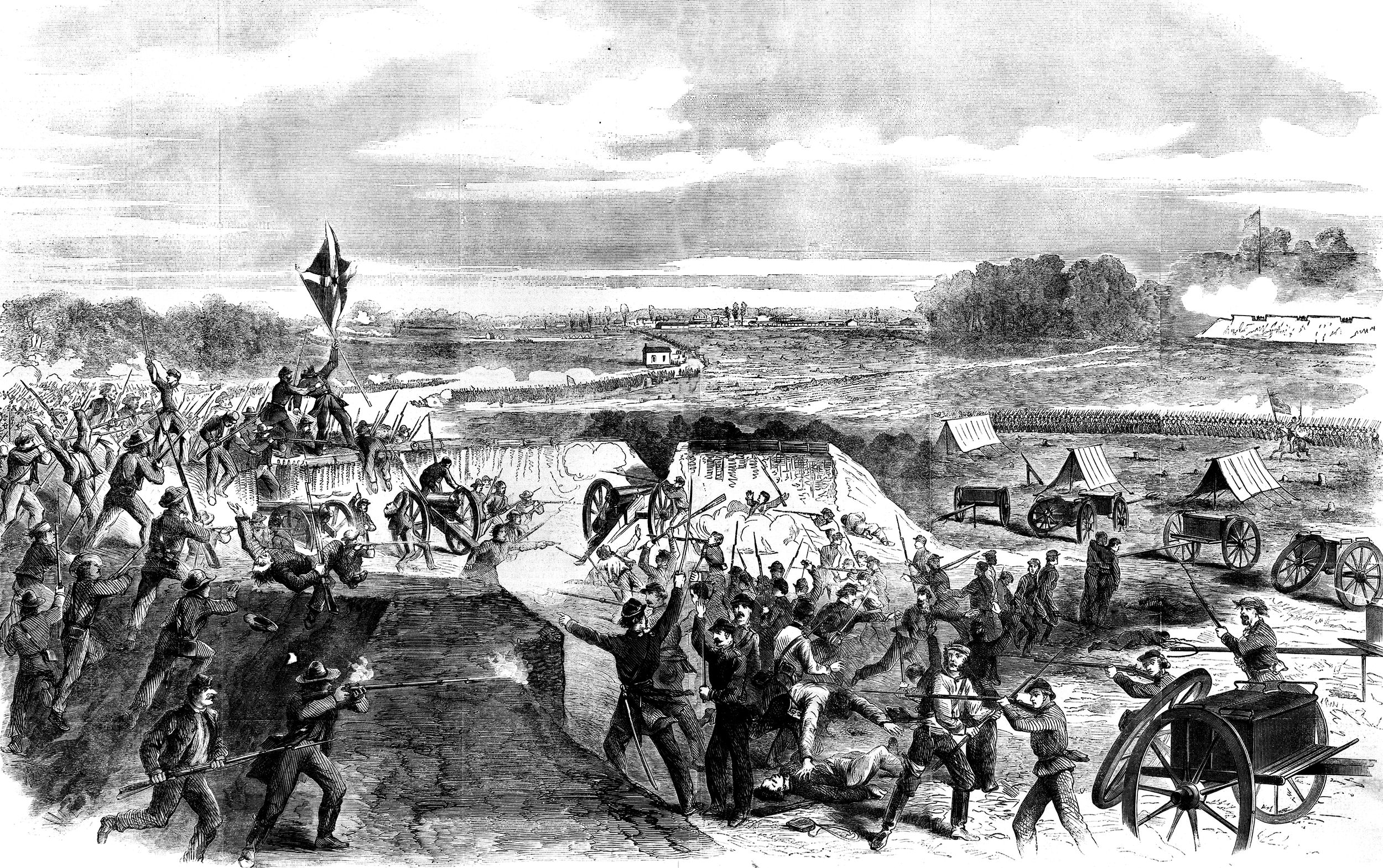 On October 3-4, 1862, a Confederate force of 65,000 under General Earl Van Dorn attacked the rail hub of Corinth, Mississippi, defended by 120,000 Federal troops. Confederate Brig. Gen. Dabney H. Maury tried three times to take the fortification known as Battery Robinett—the site of heavy fightng as depicted in this Harper’s Weekly illustration, based on a sketch by Alexander Simplot. As Gen. David S. Stanley’s division came up to support the battery, some Confederates were able to find a gap in the line to enter the city of Corinth, but were driven out by a strong Federal counterattack.