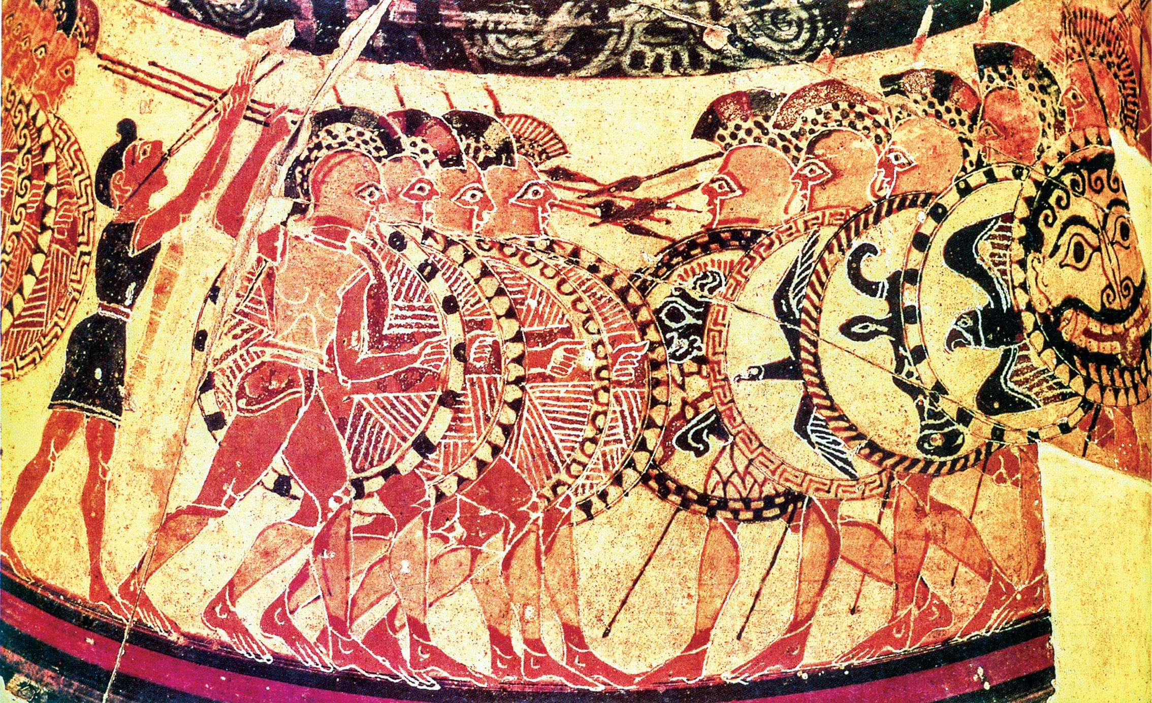 Discovered in Italy, the “Chigi Vase” is an example of Greek oinochoe pottery dating from the first half of the 6th century BCE. This was the first discovered depiction on pottery of the hoplite phalanx, including the hoplon (shield) and other aspects of Greek military organization. The flute player at left is thought to have kept the hoplites in step while marching.