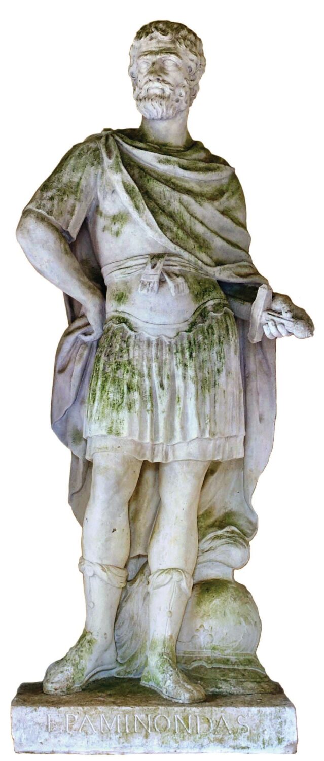 A statue of the Theban General Epaminondas in the Temple of Ancient Virtue, at the Stowe Landscape Gardens in England. Built in the 1730s, the temple houses four statues—a general (Epaminondas), a legislator (Lycurgus), a poet (Homer) and a philosopher (Socrates)—representing ancient ideals. The inscription reads, “From whose Valour, Prudence, and Moderation, the Republick of Thebes received both Liberty and Empire, its military, civil, and domestick Discipline; and, with him, lost them.”