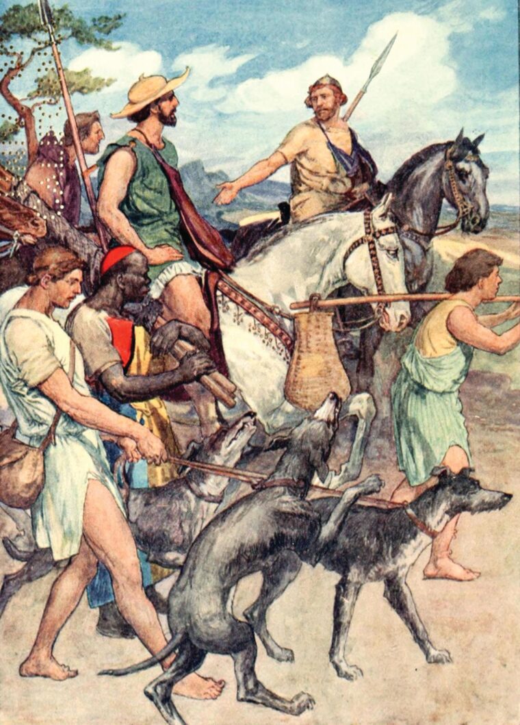 This color lithograph of “Pelopidas leaving for Thebes,” is an illustration from Plutarch’s Lives for Boys and Girls, told by W.H. Weston, London 1910.
