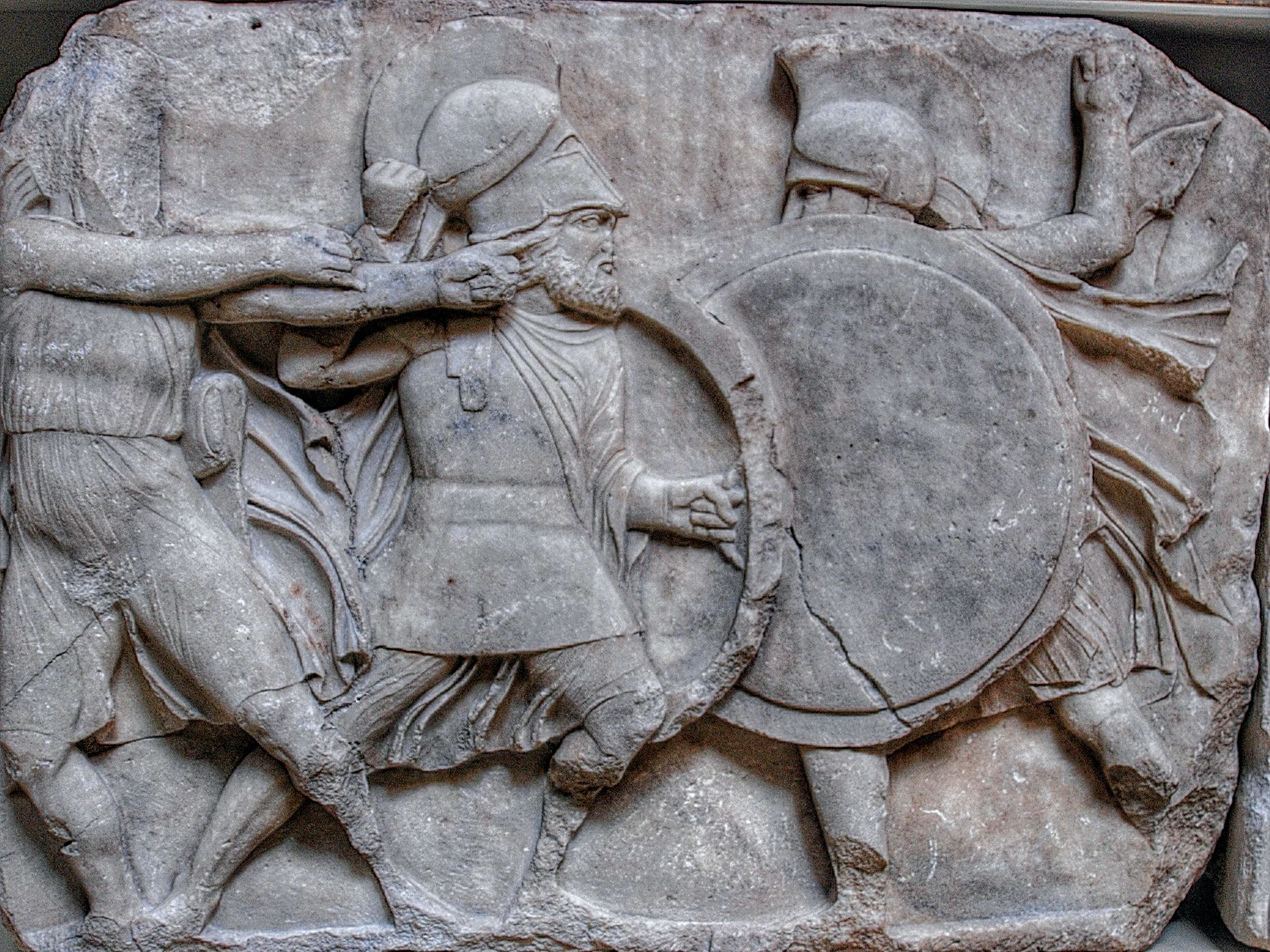 A frieze depicting Greek hoplites in battle, from the Nereid Monument at Xanthos in Lycia, ca. 390-380 BCE, on display at London’s British Museum.