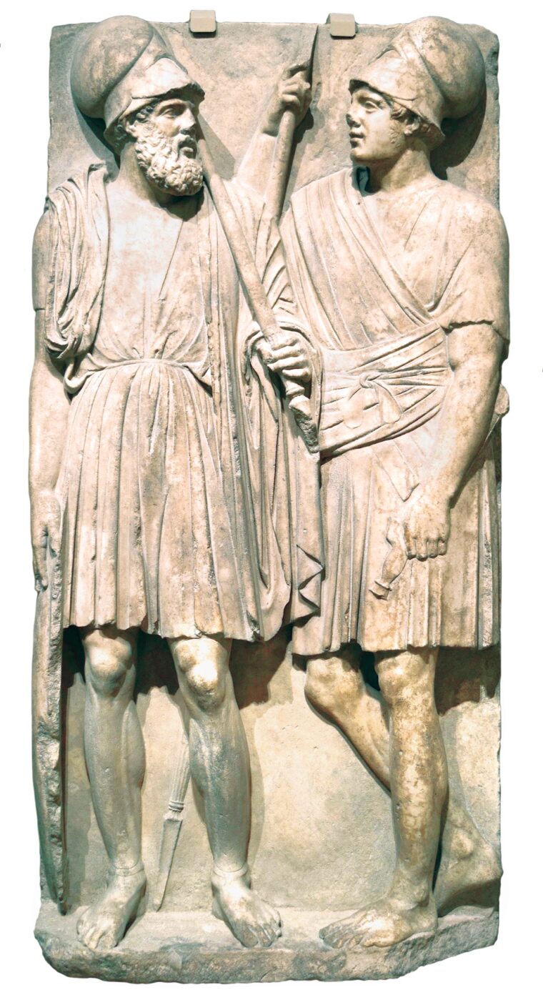 A marble stele from the Taman Peninsula, 4th century BCE, depicting two Greek warriors—identified by some sources as members of the Sacred Band of Thebes.