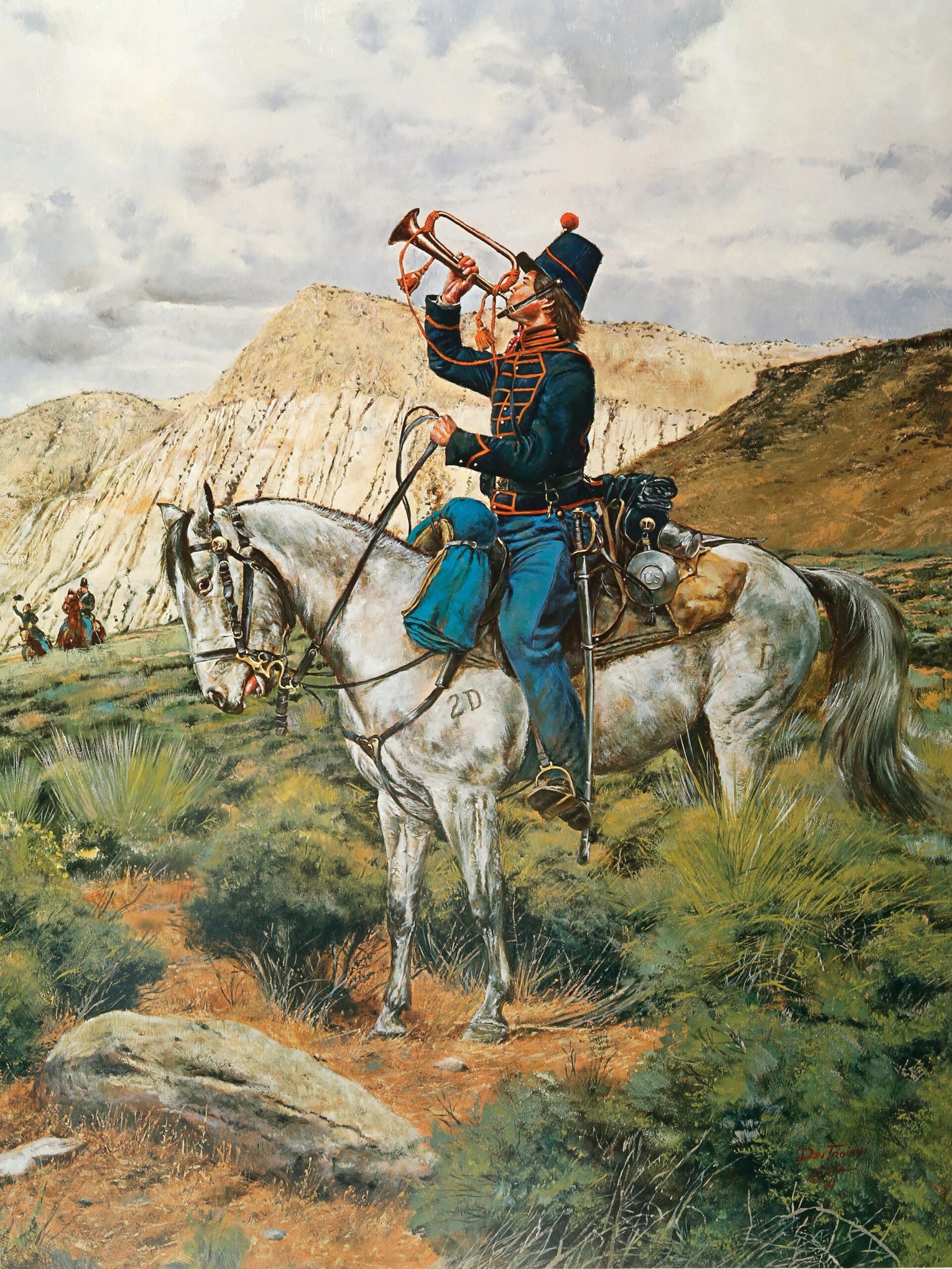 A cavalry regiment bugler sounds “Recall” during the U.S. Army’s expedition into Cheyenne and Arapaho land in the summer of 1857. Detail from Don Troiani’s painting “The Recall.”