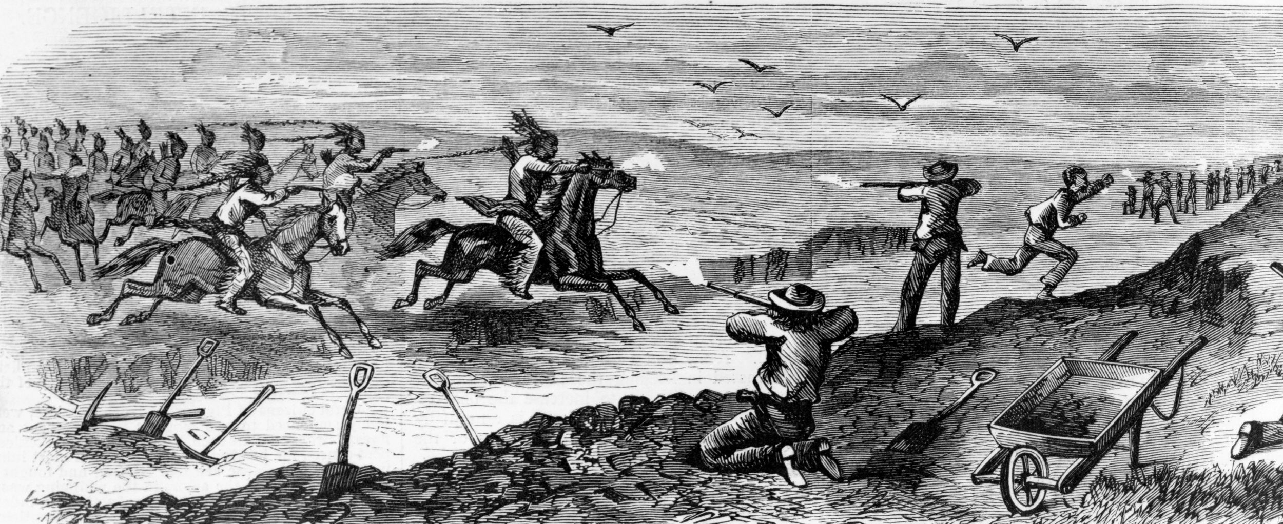 Union Pacific railroad workers are being attacked by Cheyenne warriors in this Harper's Weekly engraving based on a drawing by Theodore R. Davis.