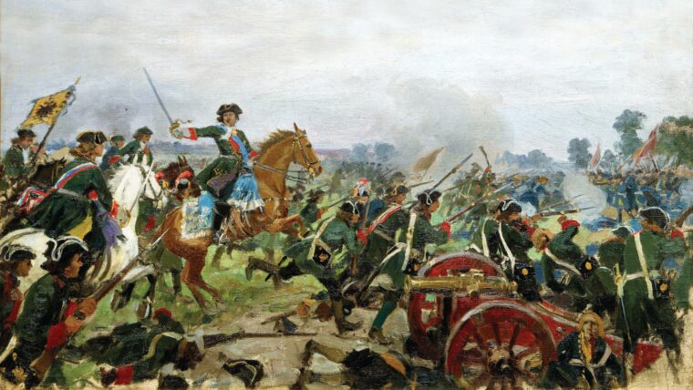Russian Tsar Peter I leads his troops against the Swedish forces of King Charles XII in this oil painting of the 1709 Battle of Poltava by Ivan Alexeyevich Vladimirov (1869-1947).