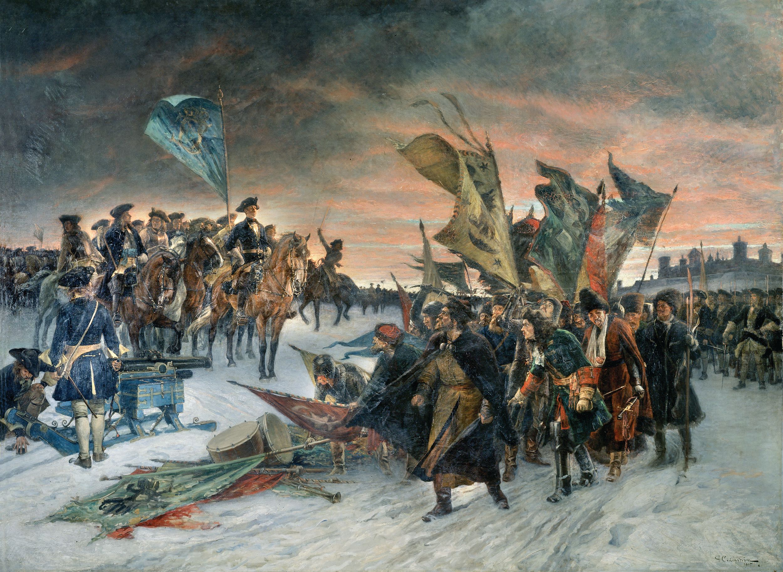 Charles XII watches as Russians under Peter I surrender their colors and salute the victor after the Battle of Narva in November 1700.