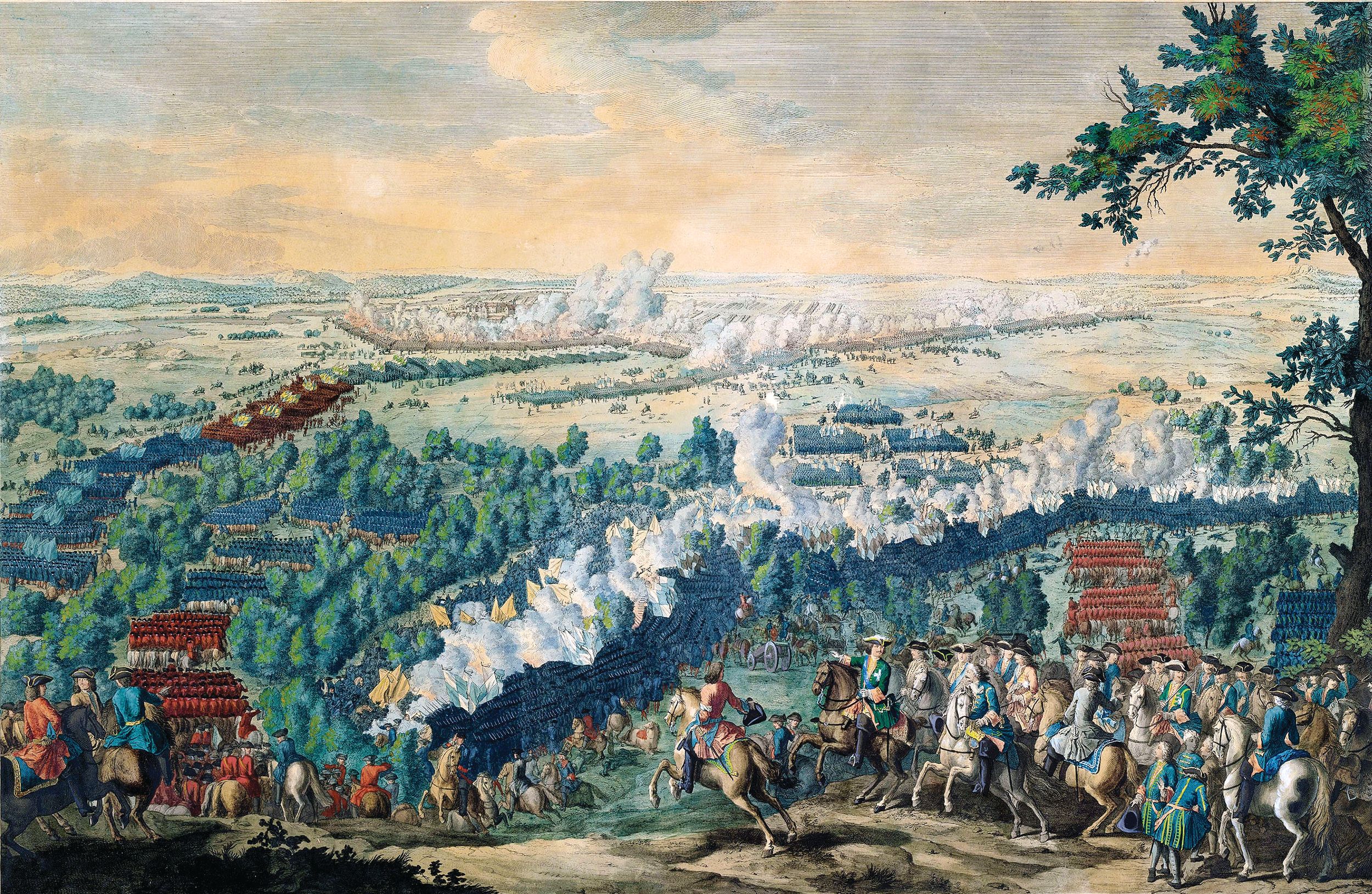 At the Battle of Lesnaya, Swedish General Lewenhaupt—mounted, in a red coat, pointing to the left of the scene with a baton—was outnumbered two to one, by the Army of Peter I.  After some eight hours, Lewenhaupt had lost half his men and retreated under cover of darkness, abandoning the supply wagons meant for Charles XII.