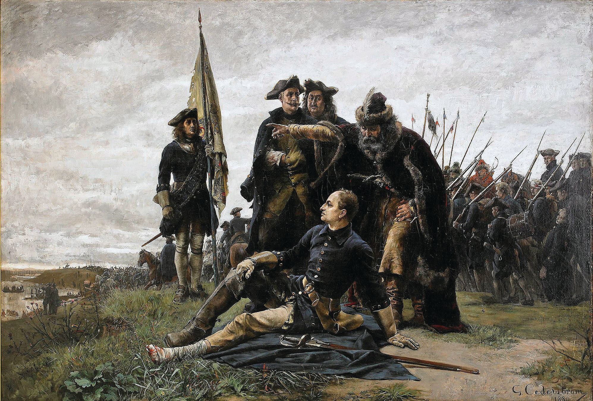 Leading a cavalry charge south of Poltova on June 27, 1709, Charles had his left foot shattered by a musket ball.  This 1880 painting by Gustaf Cedeström shows Charles, his shattered foot bandaged, watching with his Cossack ally Mazeppa as the battle unfolds under the command of Field Marshal Carl Gustav Rehnskjold. After fleeing the battle with Charles, Mazeppa died three months later.
