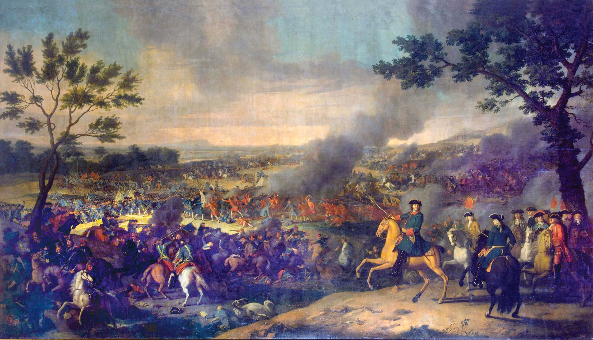 At the Battle of Poltova the Swedish army was forced to retreat  for the first time in the reign of King Charles XII, and Peter (mounted, right of center) was waiting.  As the battered Swedes withdrew, 30,000 fresh Russian reserves, backed by artillery, fell upon them.